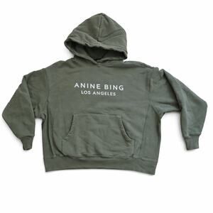 Anine Bing Alto Hoodie Small Olive Green Logo Sweatshirt 100% Cotton Oversized